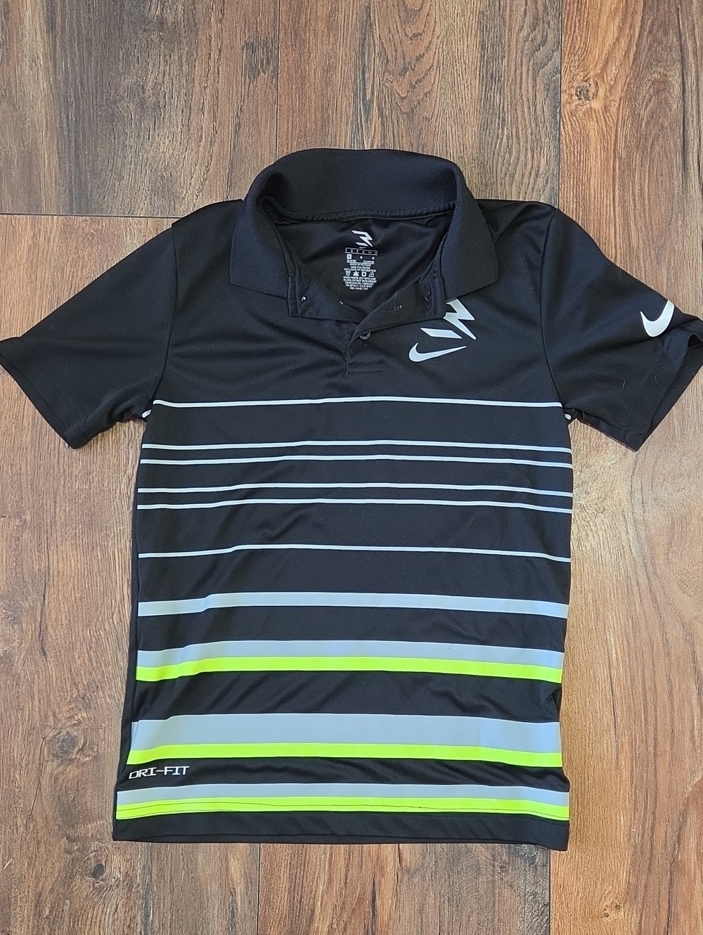 Nike 3BRAND Dri-FIT Boys Polo M 10-12 Black Gray Neon Yellow Striped Shirt